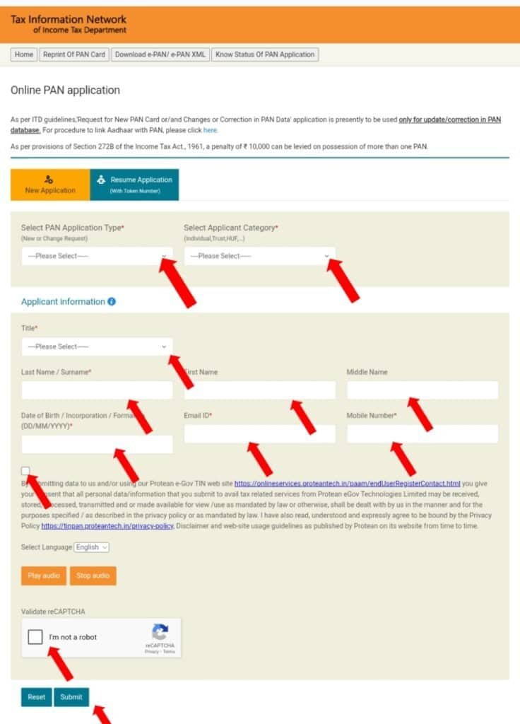 NSDL Online PAN Card Correction Form 2025 showing application type, applicant category, personal details fields, date of birth input, email field, mobile number field, and submit button highlighted with red arrows.